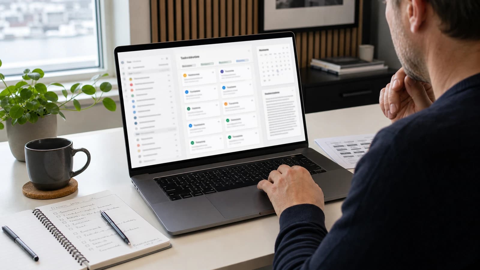 Business owner reviewing an AI agent with tasks, approvals and document flow on a laptop