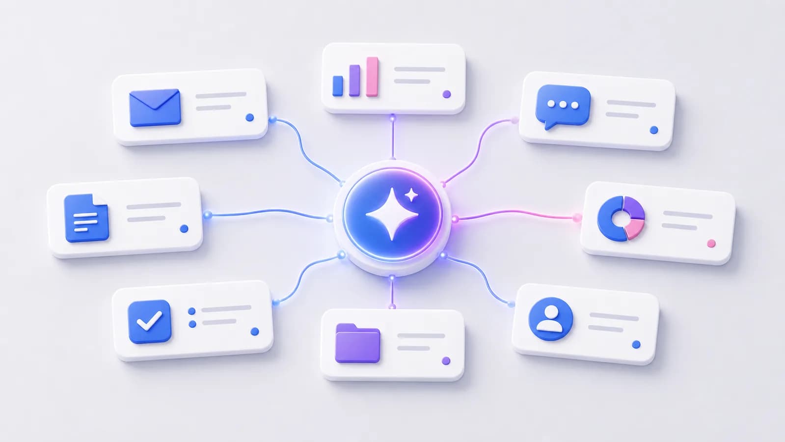Bright SaaS illustration with task cards connected to a central AI node