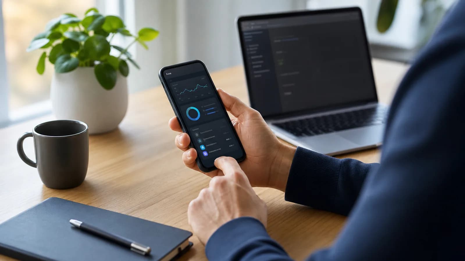 Person with no visible face using a mobile app next to a laptop in a Nordic office