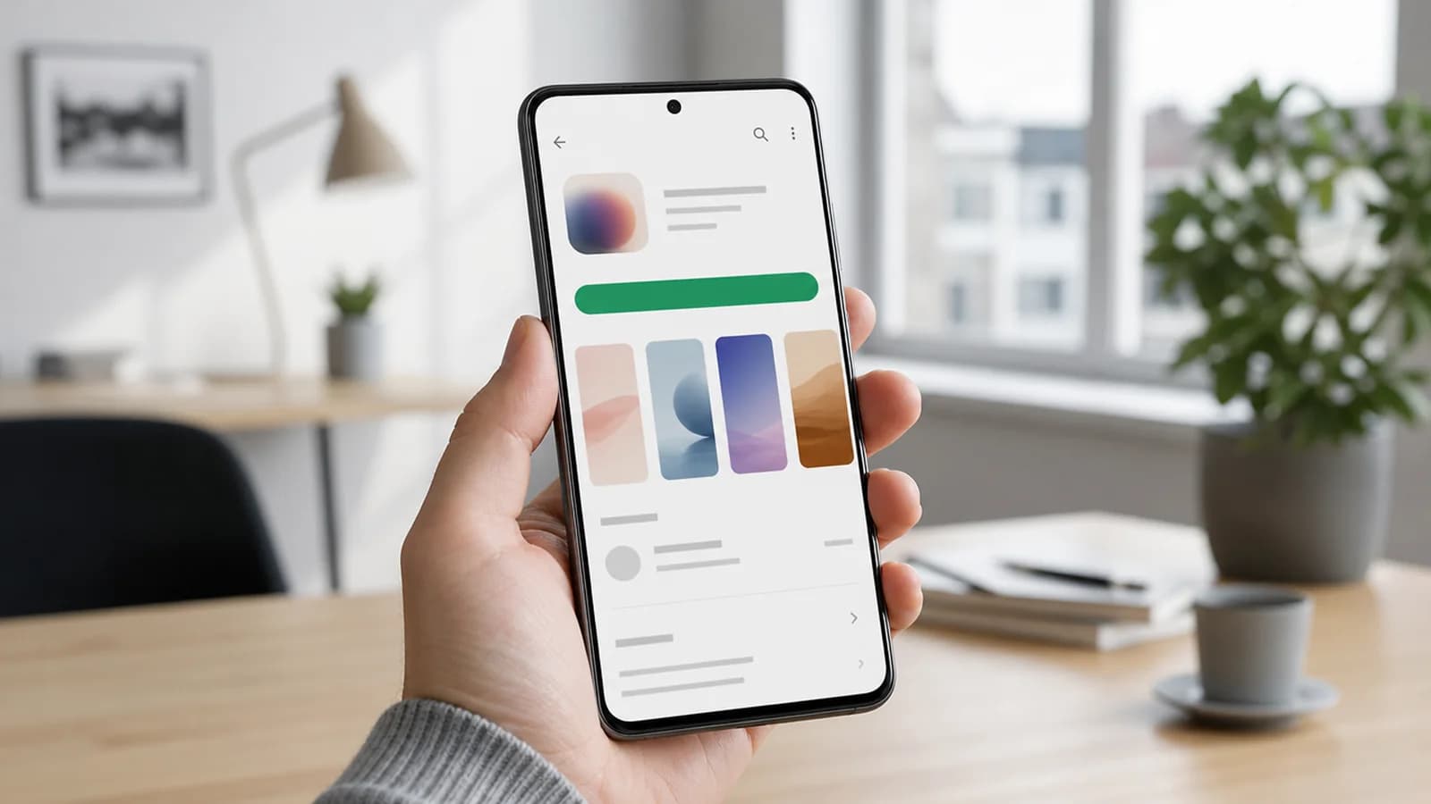 Hånd som holder Android-telefon med butikksiden til en app i Google Play, nordisk kontorpult i bakgrunnen