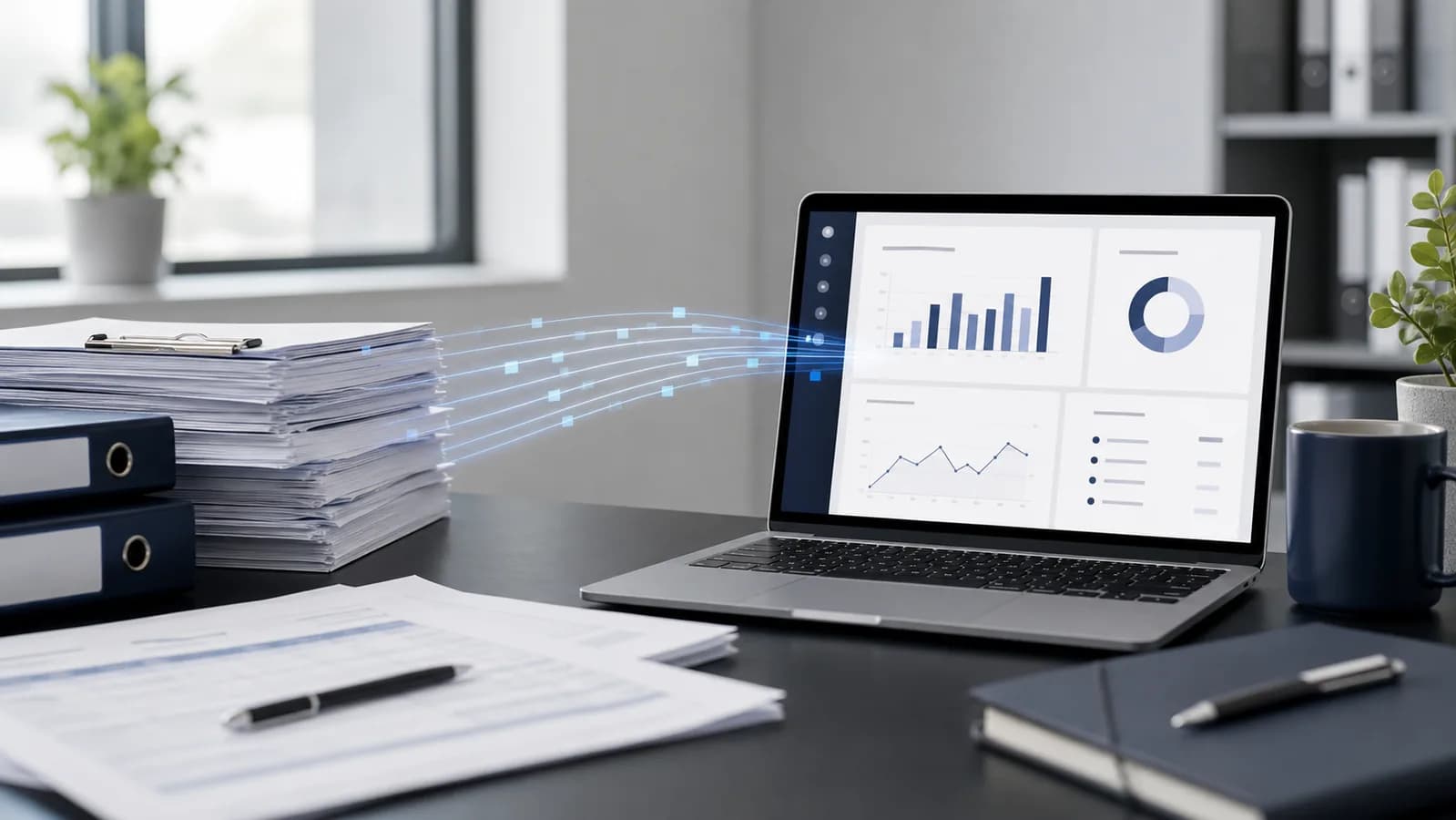 Realistic office desk with a paper form flowing over into a digital dashboard on a laptop
