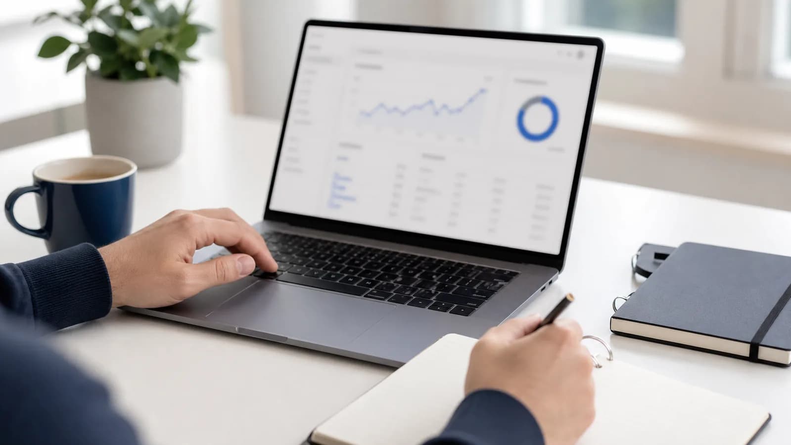 Realistic office desk where hands look at website analytics and search results on a laptop