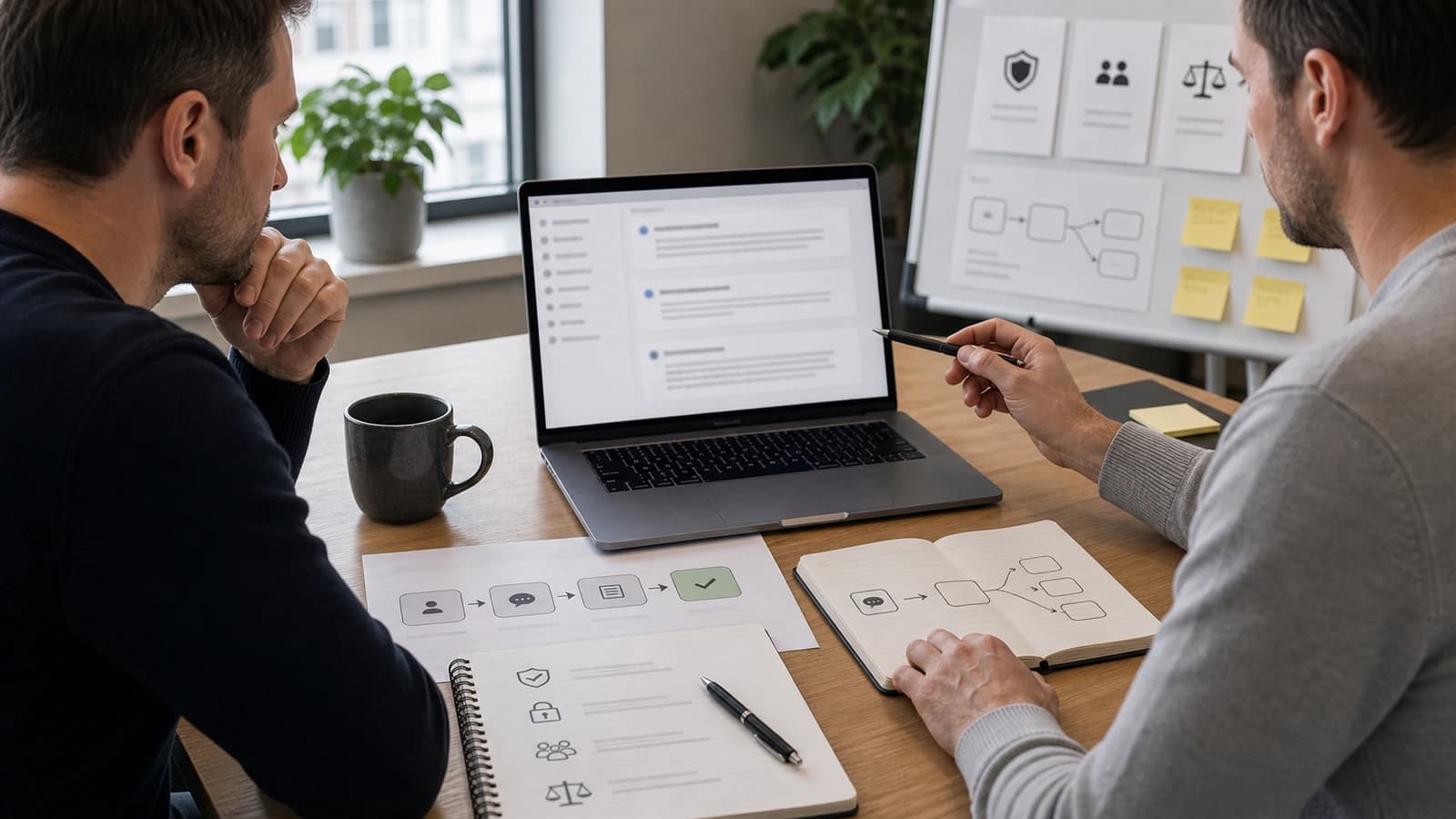 Norwegian manager planning safe use of ChatGPT for business with laptop and notes