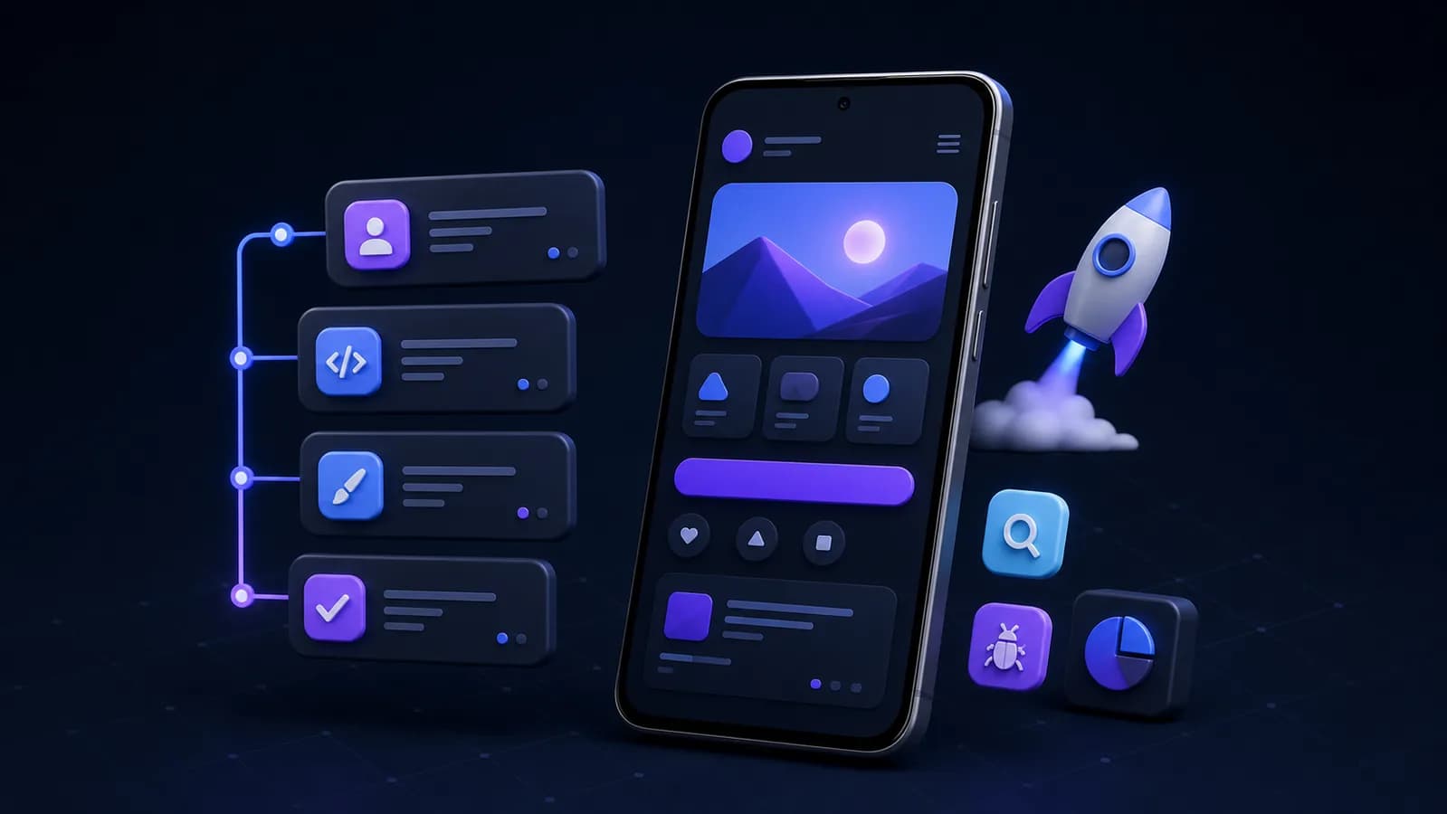 3D render of an Android phone with an app interface, project cards and launch icons