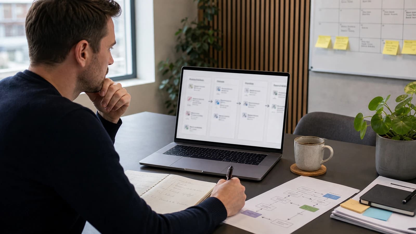 Operations manager looking at AI agent organising email, documents and CRM tasks on screen