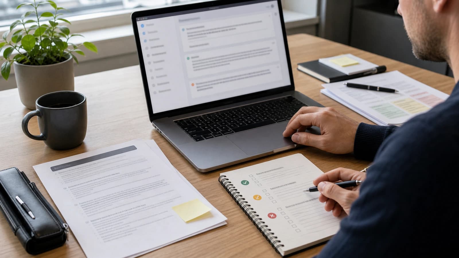 Hands approving AI-generated drafts with papers, laptop and checklist for human control