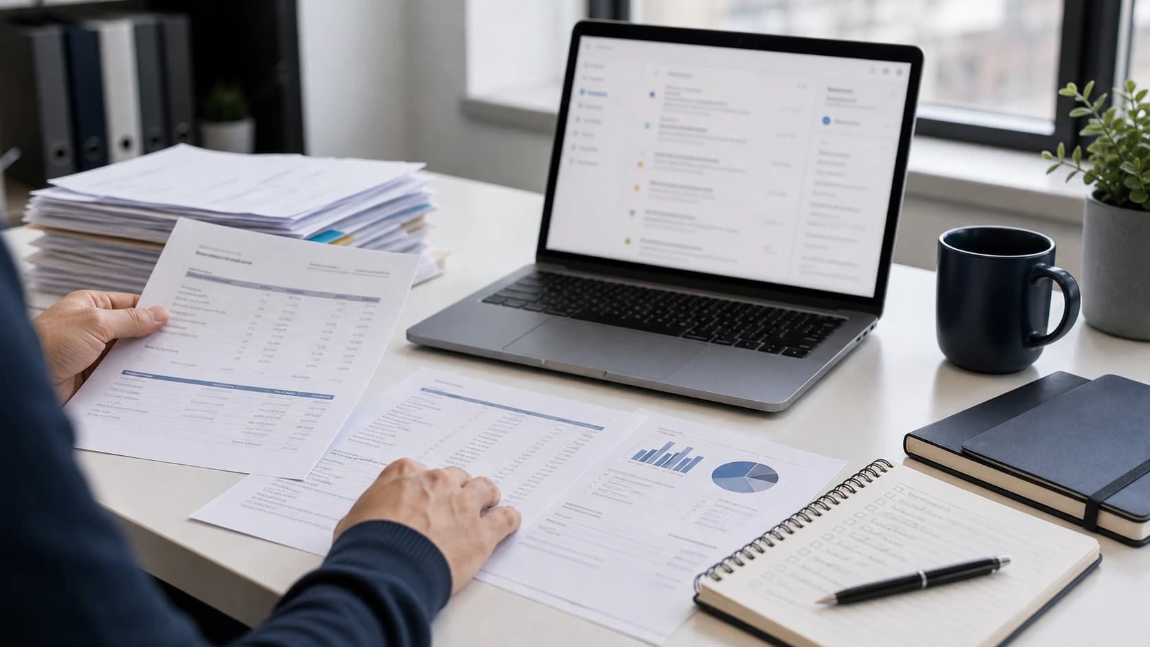 Office worker sorting documents, email and reports before AI automation