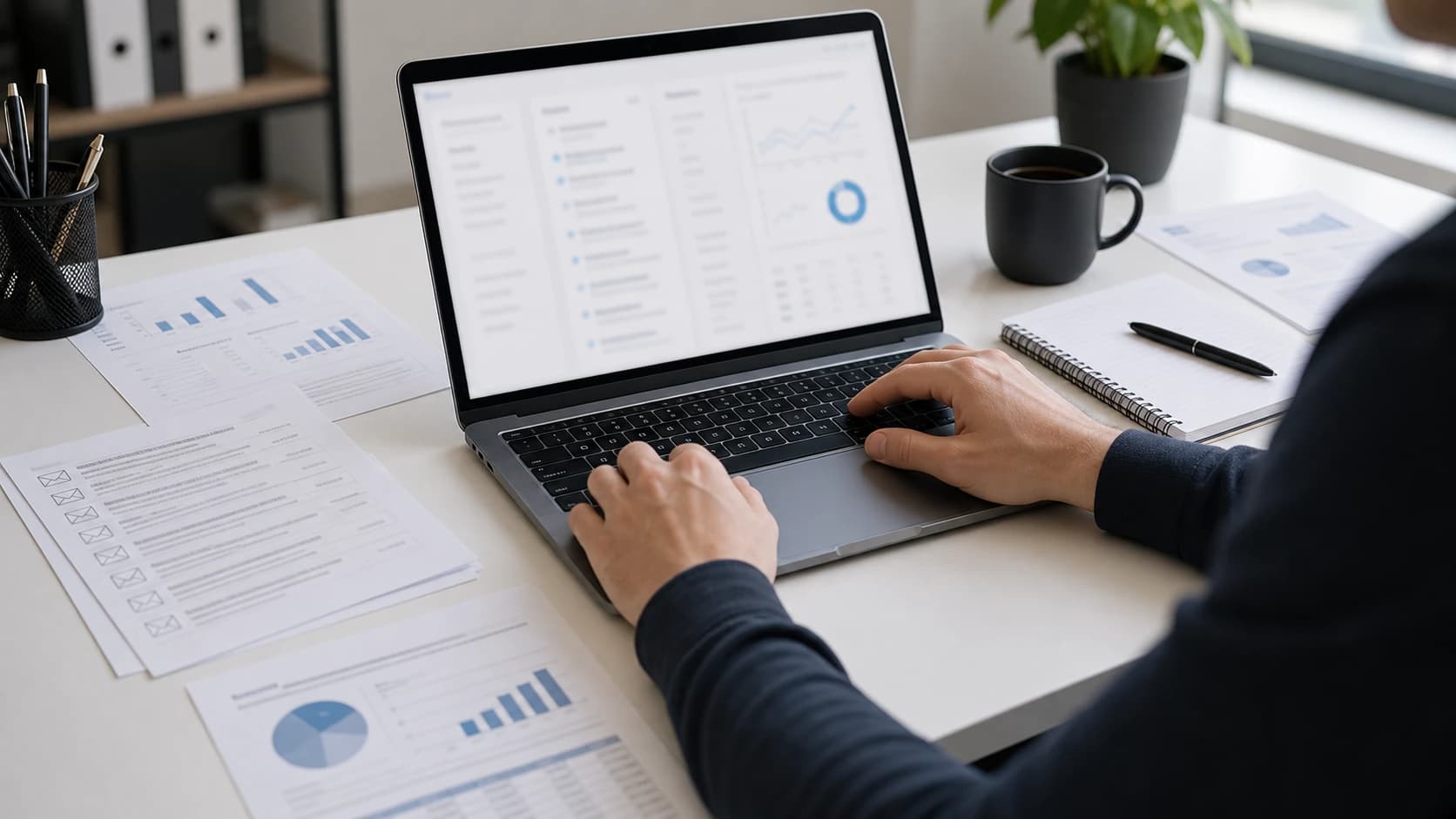 Office worker sorting documents, email printouts and reports before AI automation