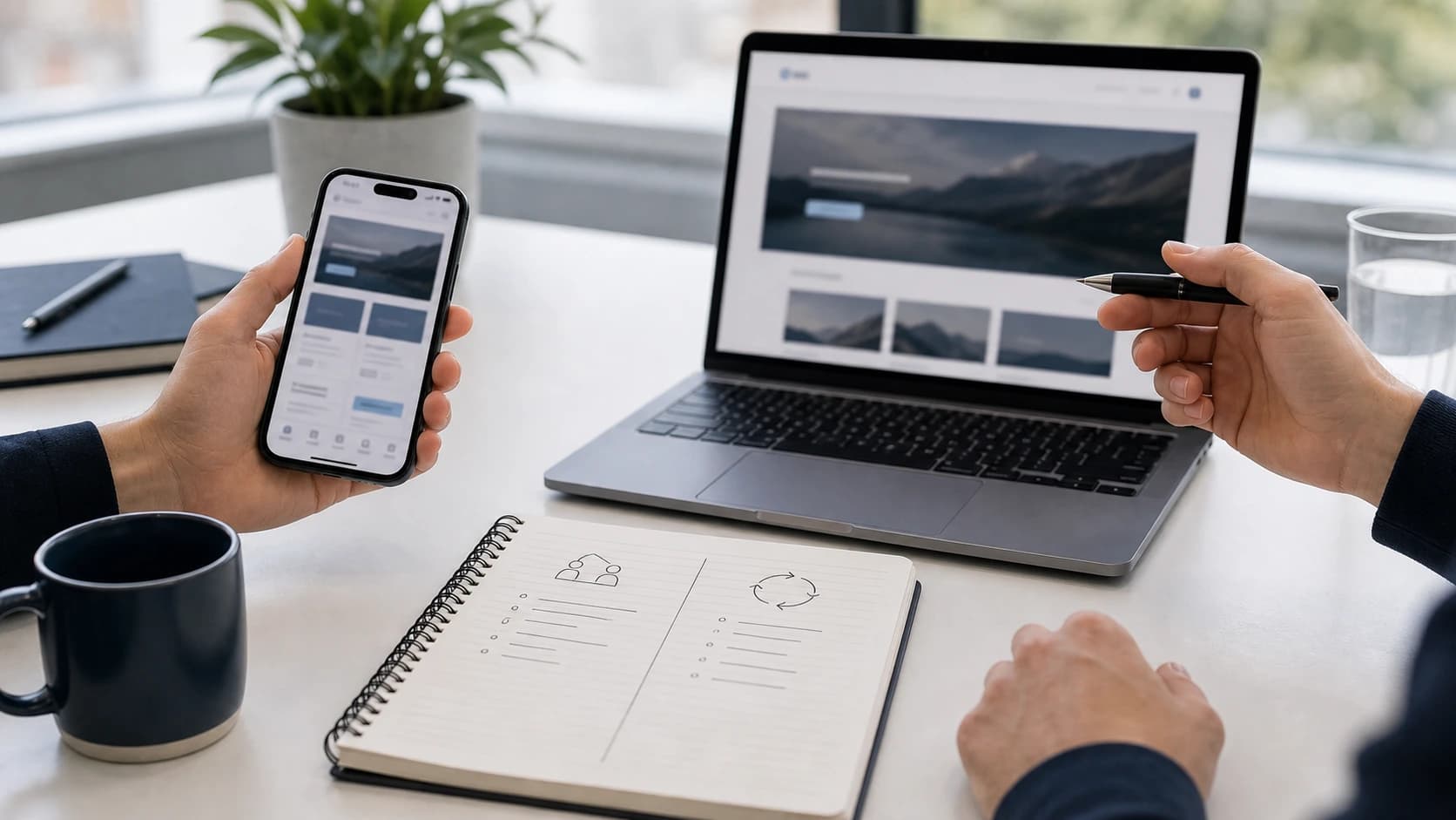 Smartphone, laptop and notebook used to choose between an app and a website