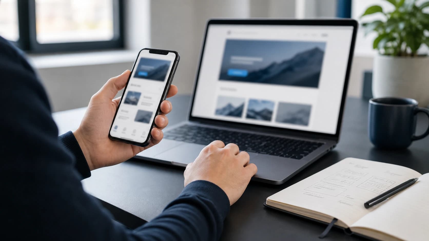 Business owner comparing a mobile app on a phone with a website on a laptop