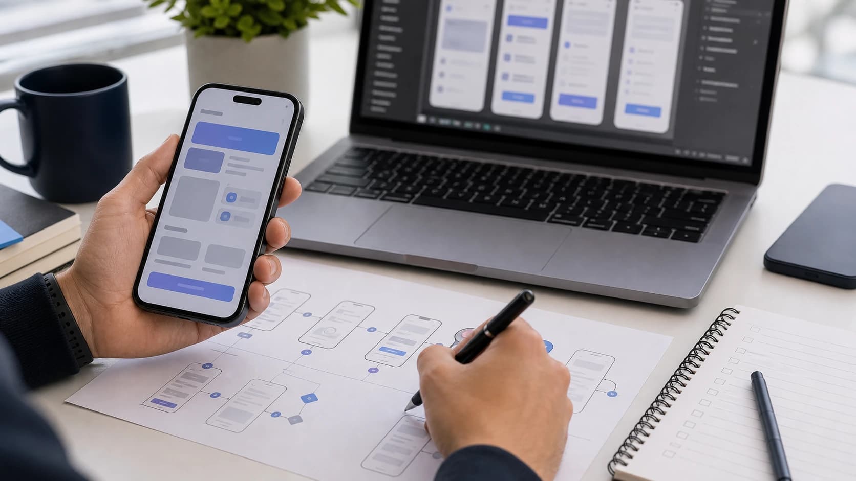 App prototype, user-flow sketch and laptop used to plan app development