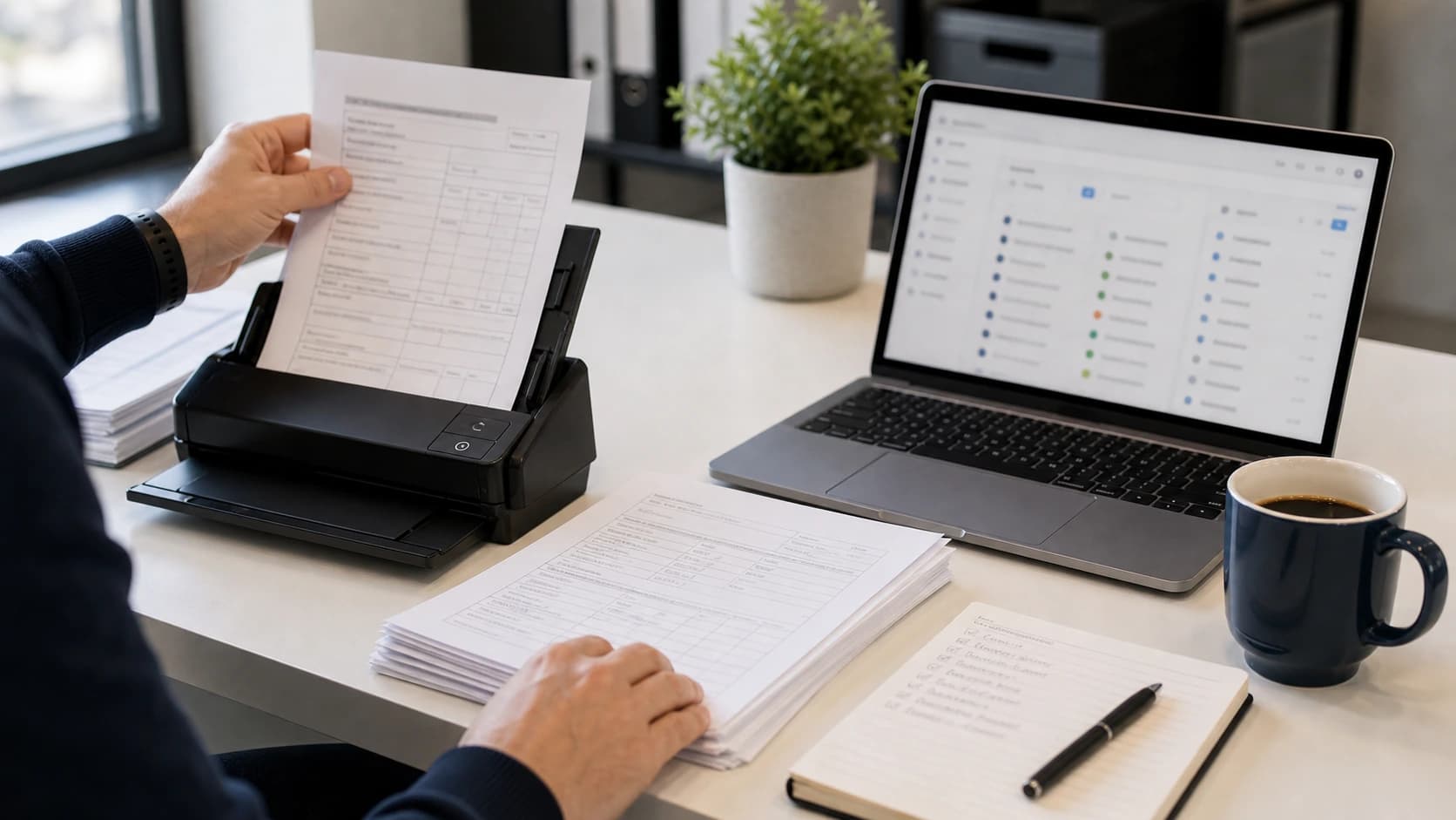 Employee scanning a paper form into a digital workflow system on a laptop
