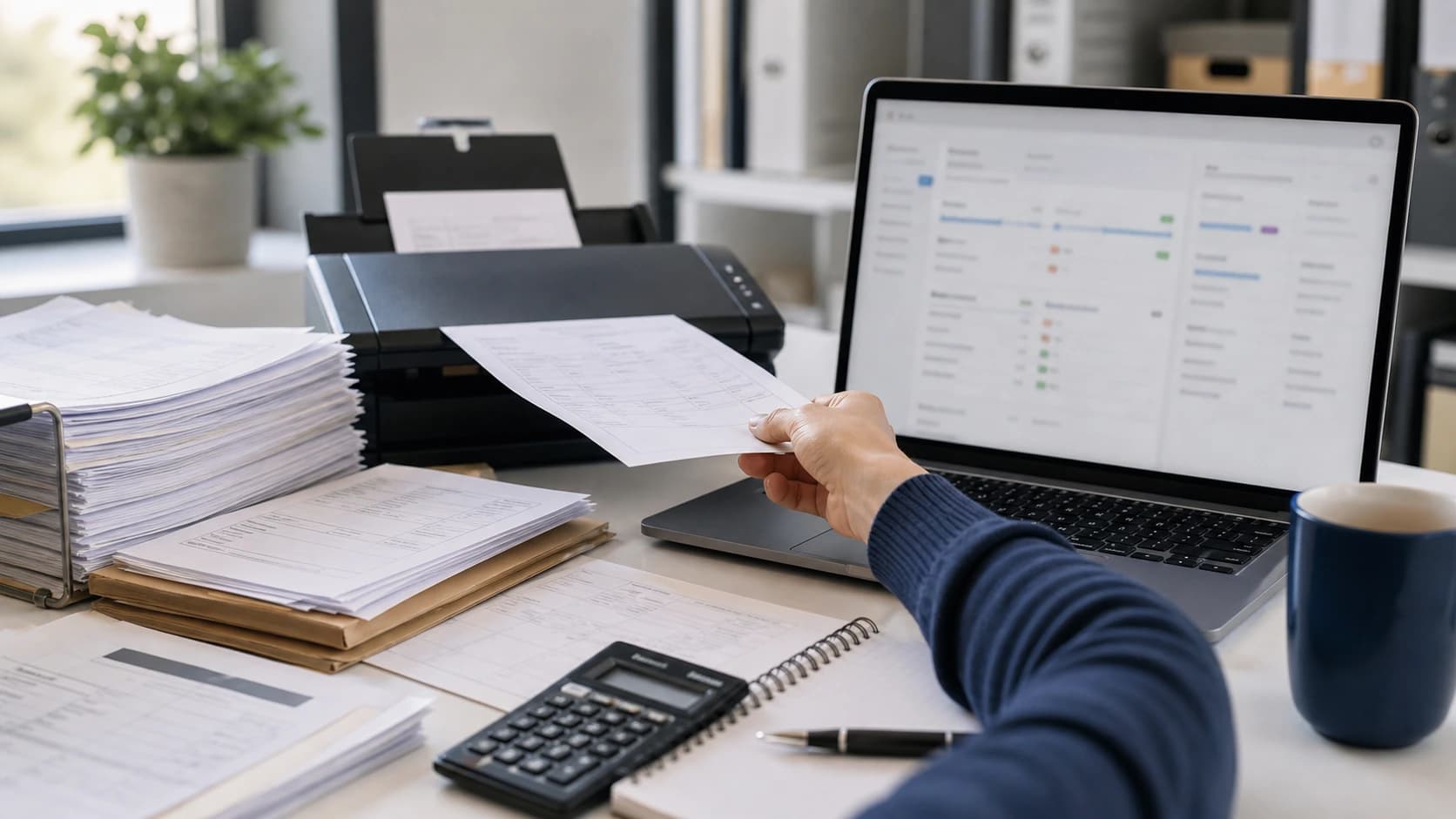 Paper forms and a laptop with a workflow used to plan automation