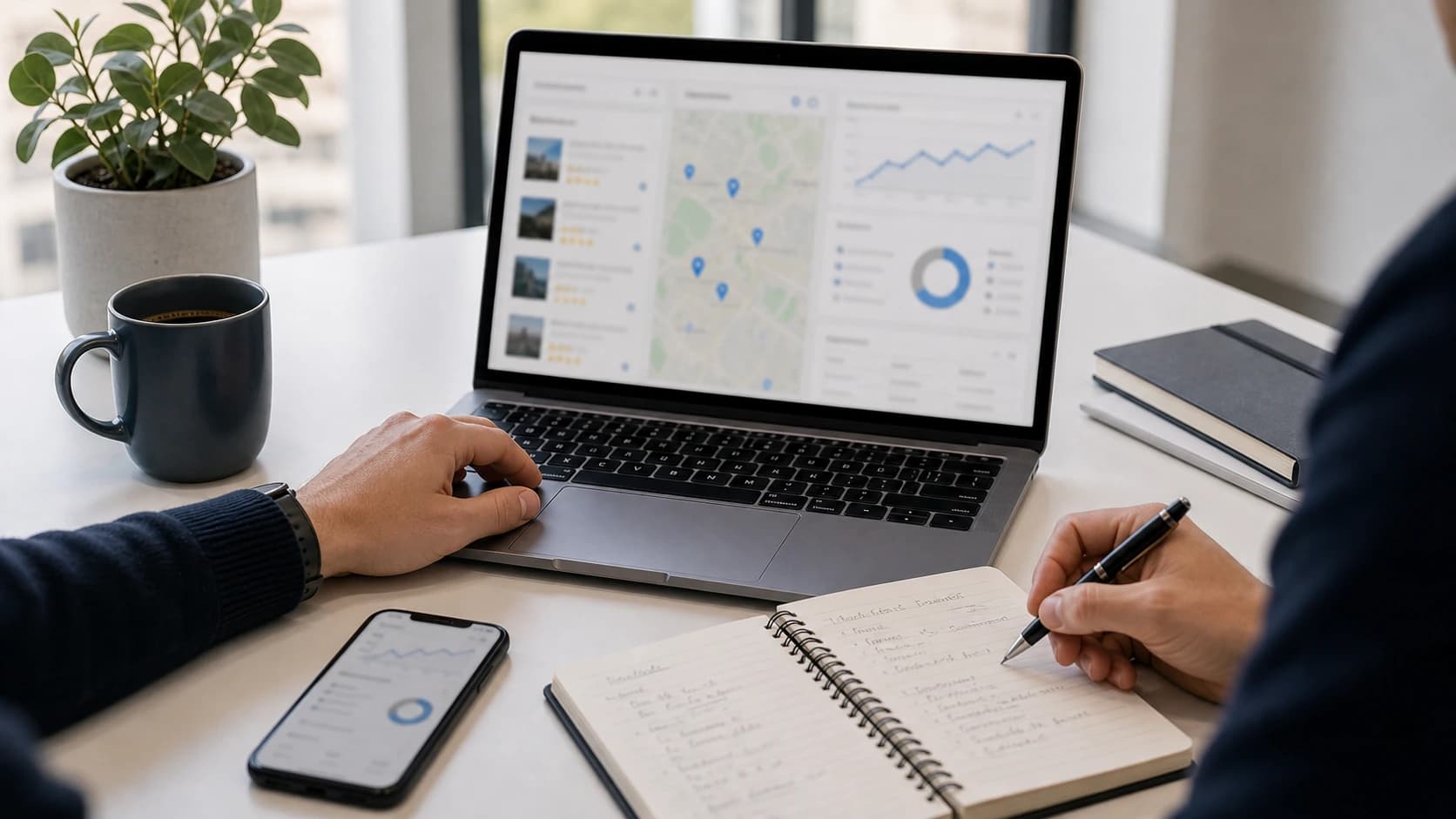 Business owner checking local visibility and website analytics on a laptop with a notebook beside it