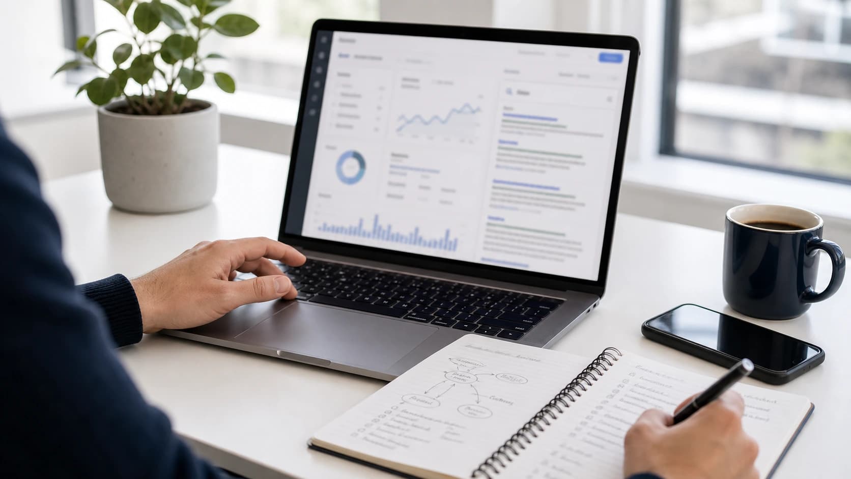 Business owner analyzing website visibility on a laptop with keyword notes beside it