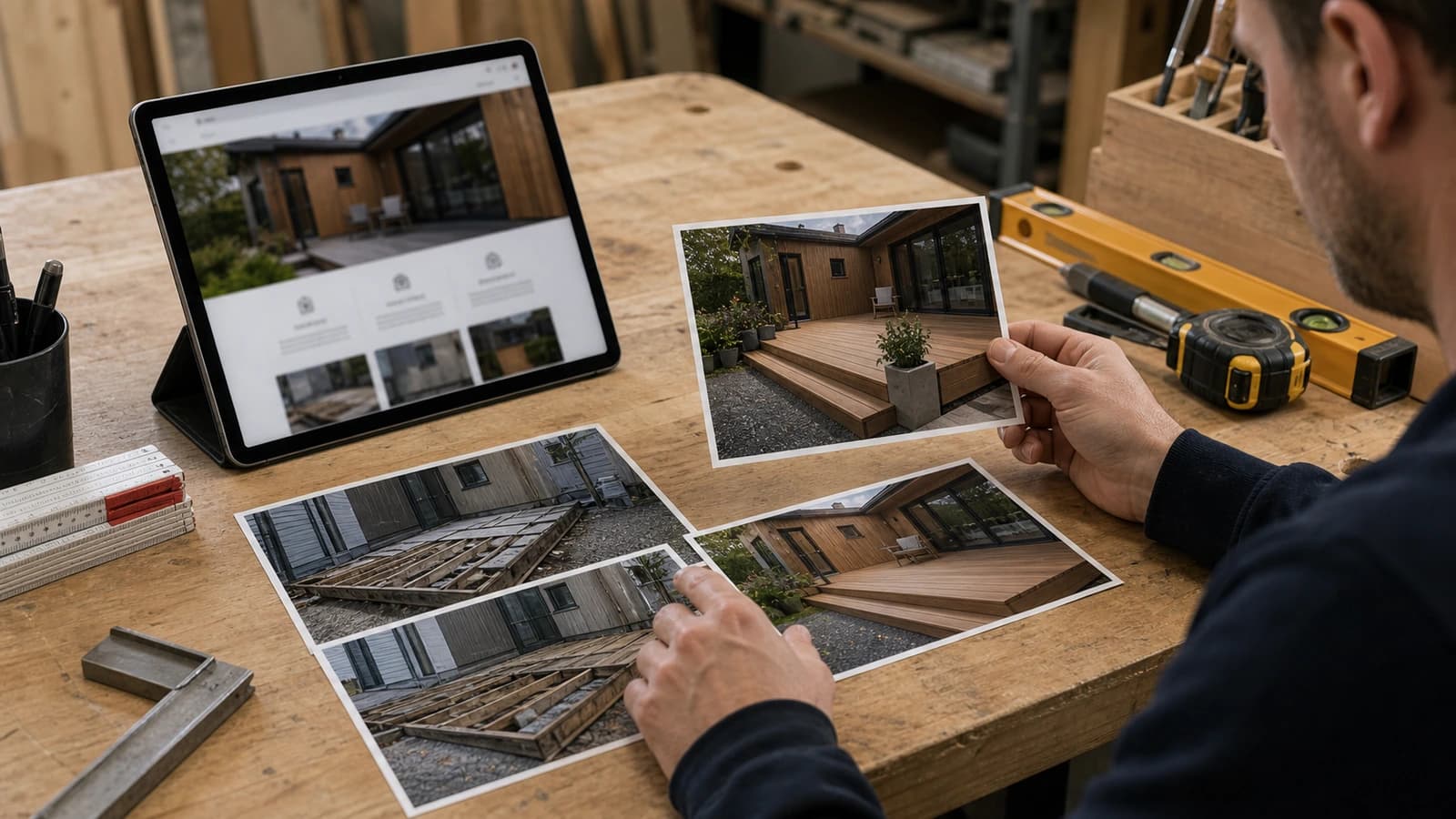 Trades professional choosing images and content for a website on a laptop