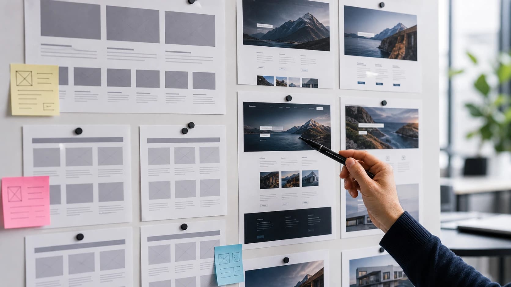 Designer pointing at printed website drafts on a studio wall to compare layout choices