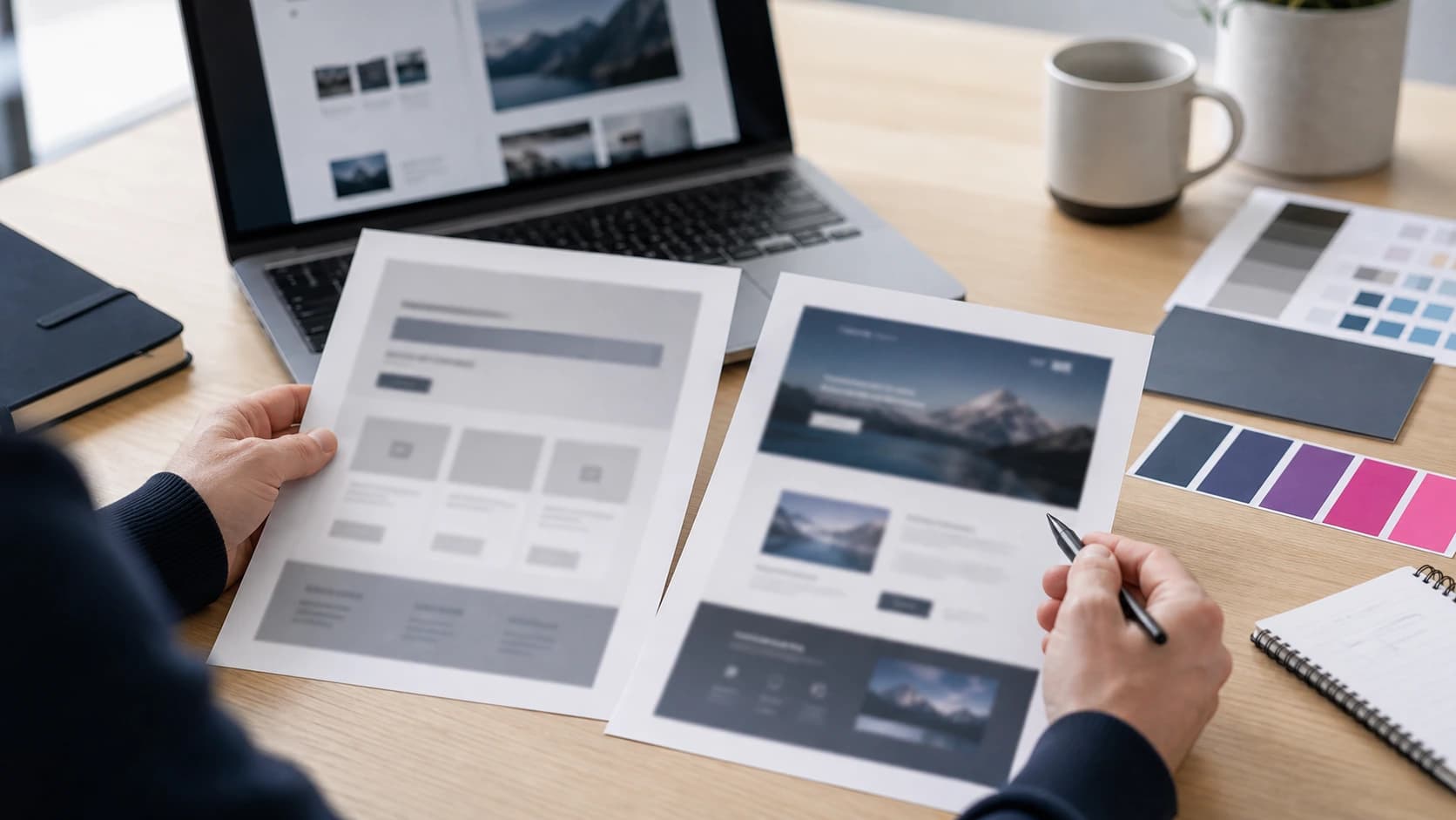 Designer comparing printed website drafts, a generic template and a more custom solution