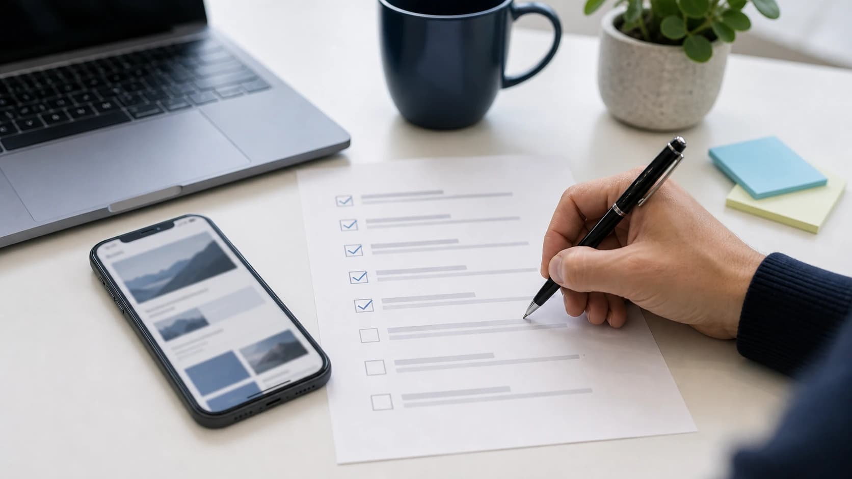 Mobile phone, laptop and checklist used to test a mobile-friendly website