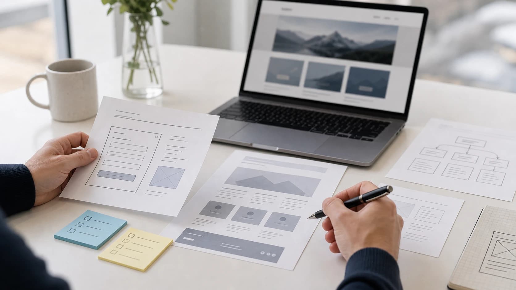 Hands going through wireframes, a contact form and a service sheet before a new website is built