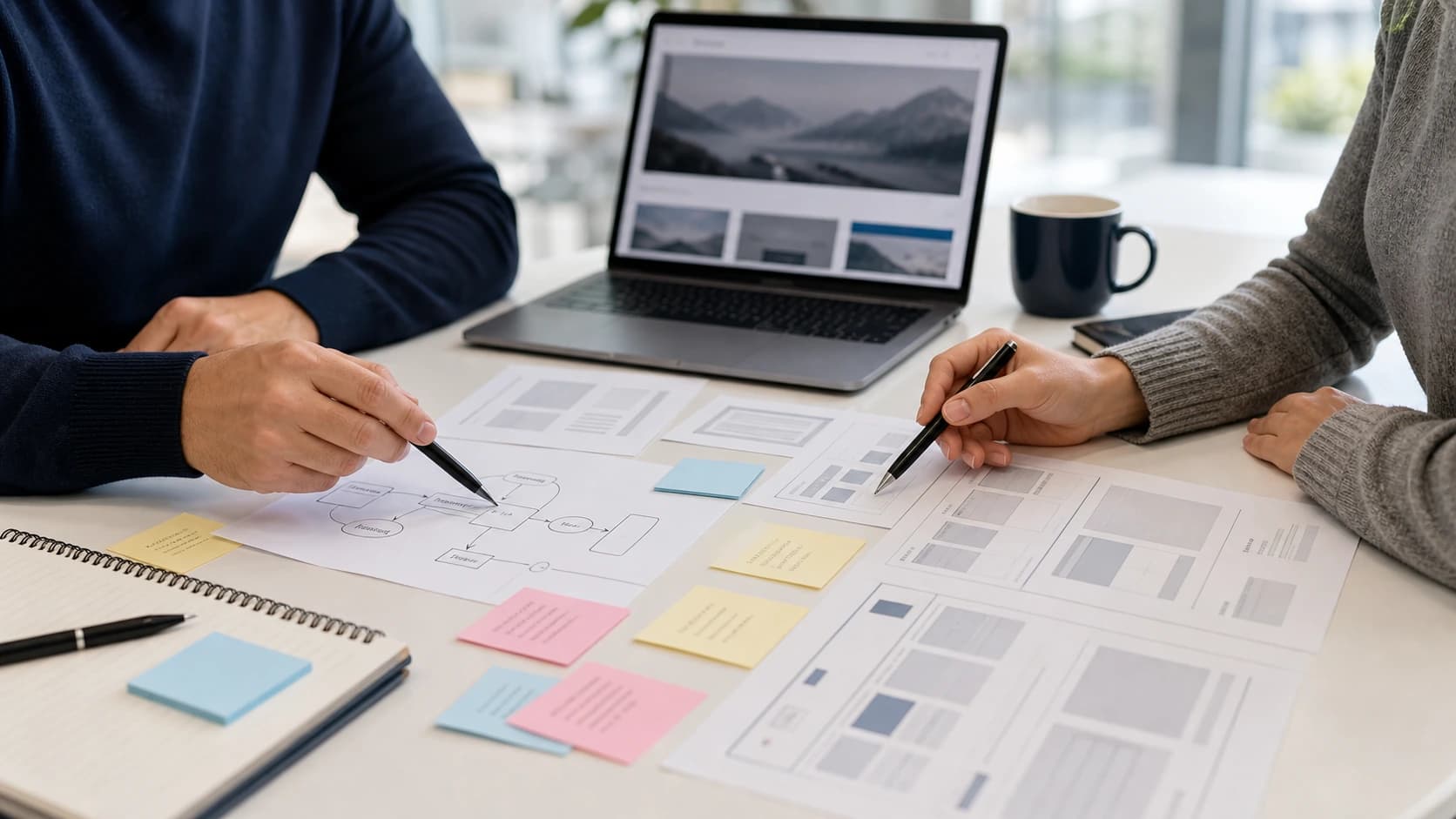 Website strategy with laptop, wireframes, notes and customer journey on a meeting table