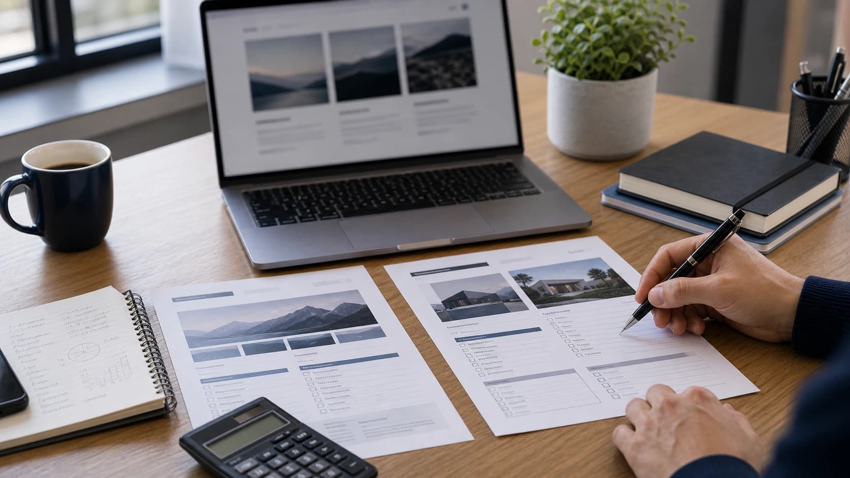 Business owner comparing two website quotes with calculator, notebook and laptop on the desk