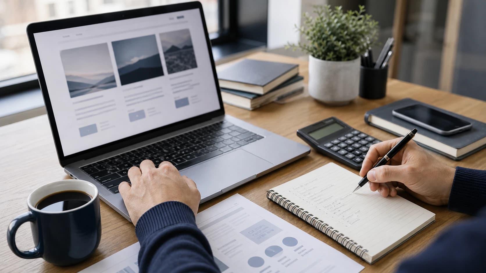 Business owner planning a website budget with laptop, calculator, notebook and project sheet