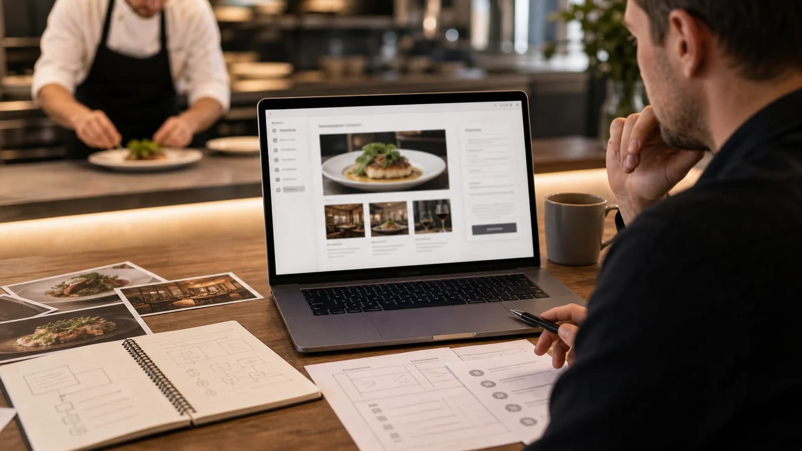Restaurantmeny og matbilder på nettside for restaurant