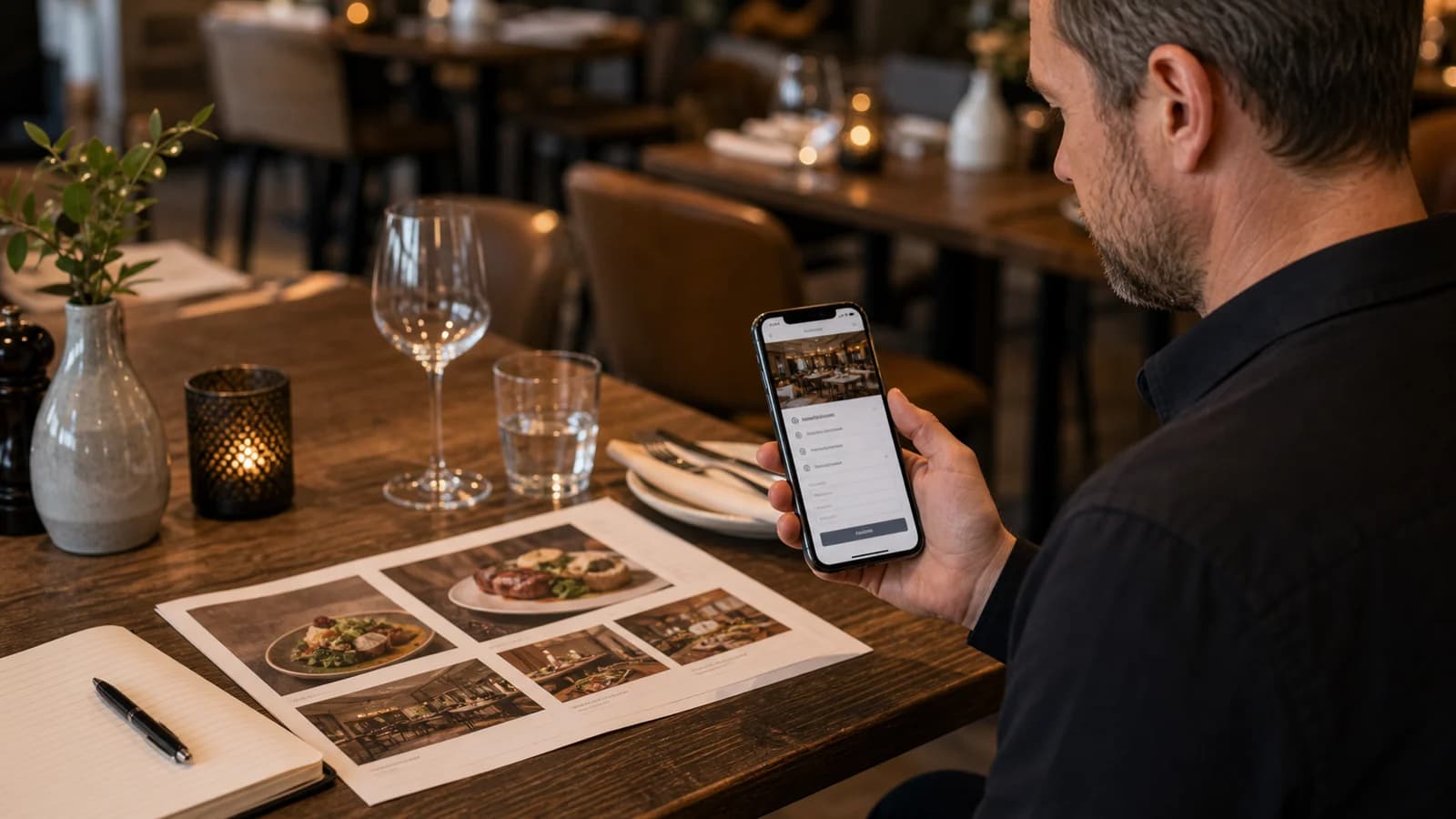 Mobilvisning av nettside for restaurant med kontakt og bordbestilling