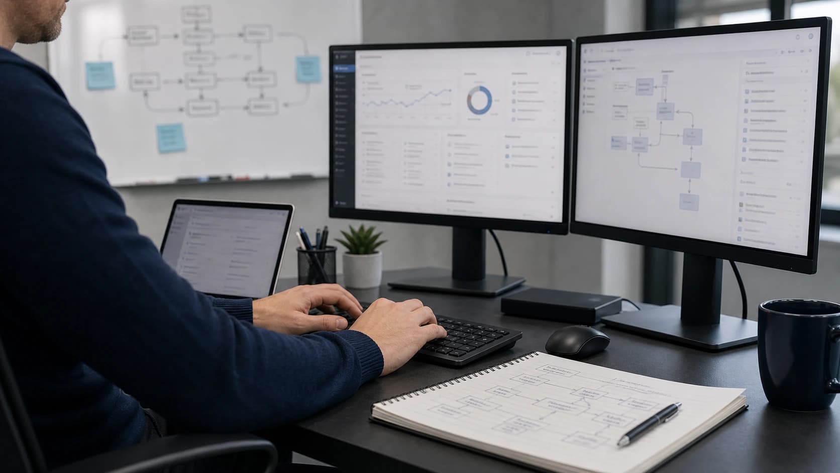 Operations desk with two screens, a dashboard and a notebook for planning system integrations