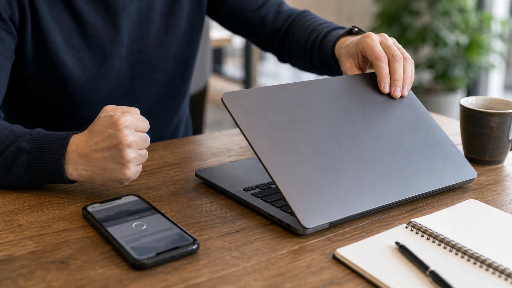 Person closing a laptop while a slow website loads on the phone beside them
