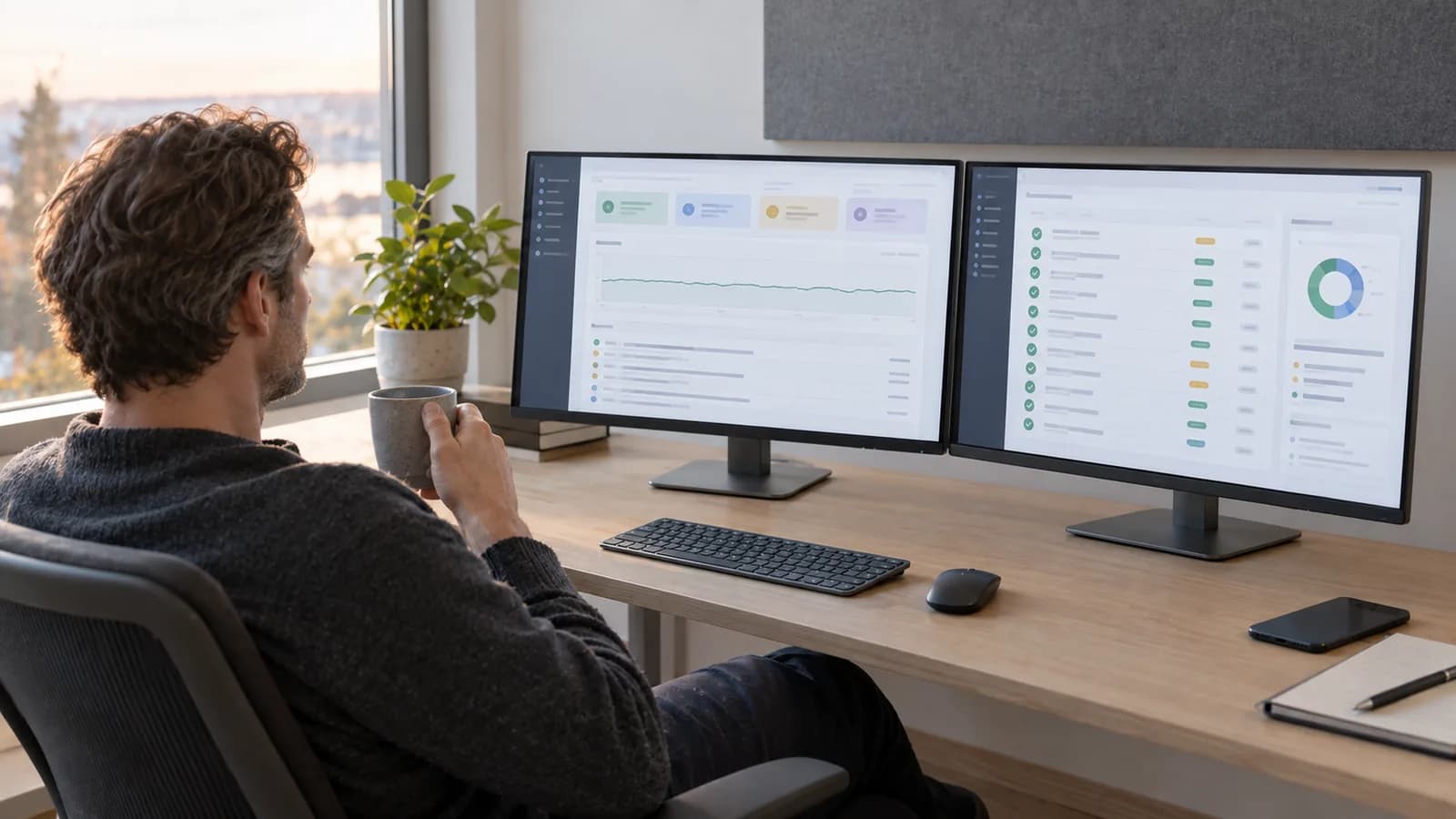 Utvikler følger med på driftsstatus, backup og varsler for en webapplikasjon på to skjermer