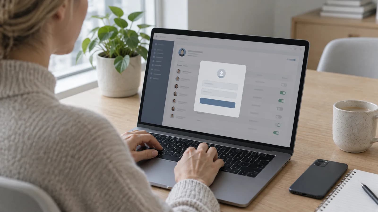 Bedriftseier logger inn i et internt system på laptop, med roller og tilganger synlig på skjermen
