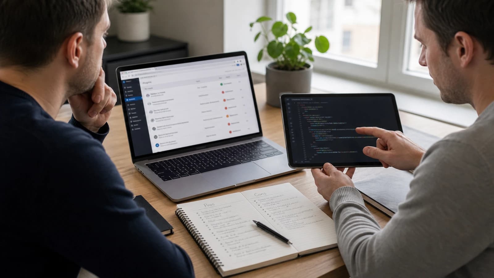 Business owner comparing WordPress plugins with a simpler coded website on tablet