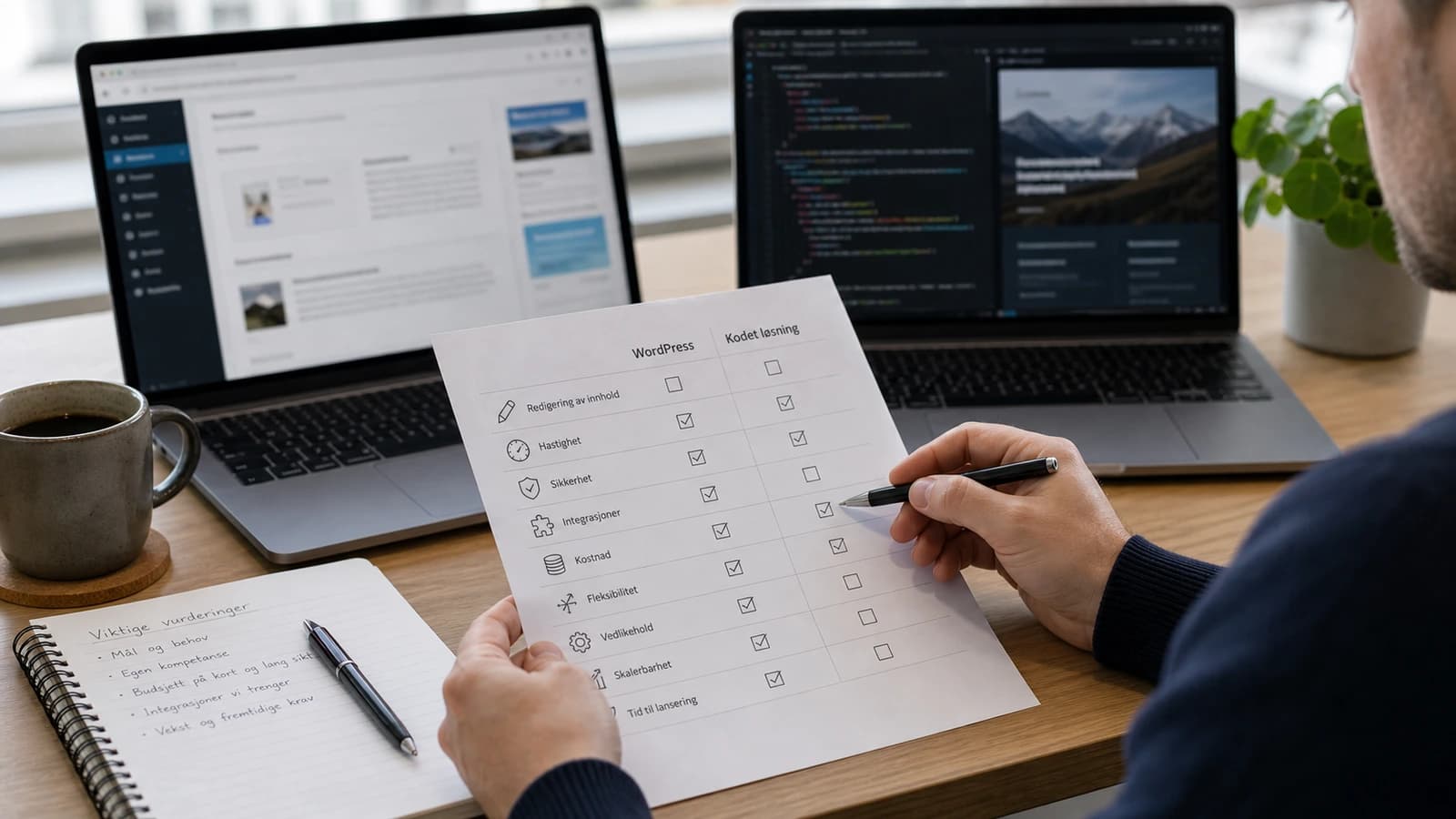 Checklist comparing content editing, speed, security and integrations for WordPress and coded website