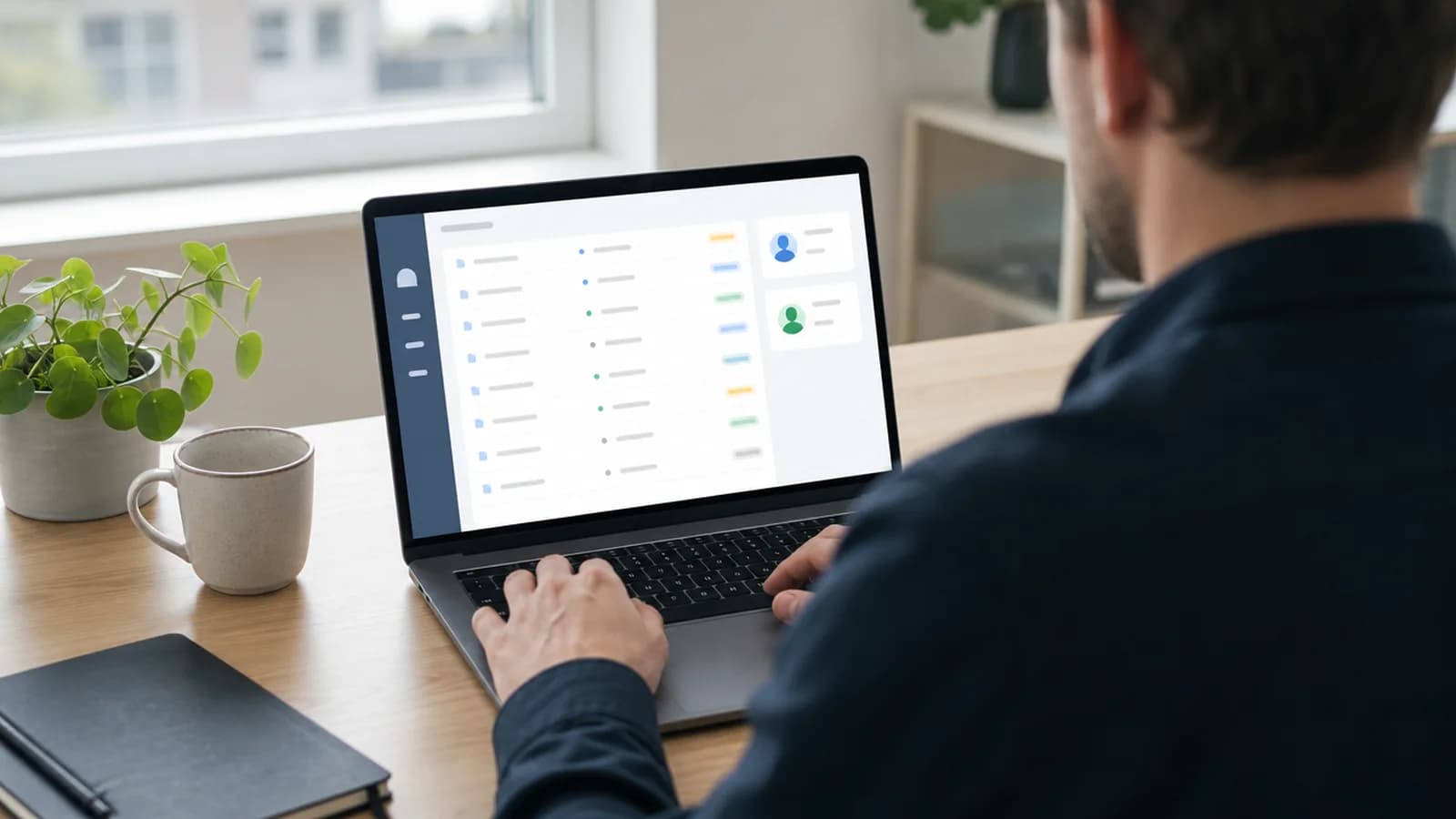Bedriftseier vurderer kundeportal for bedrift på laptop med dokumenter, roller og status