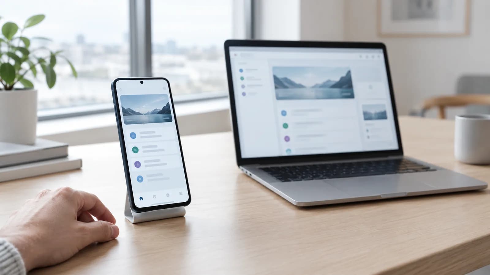 Utvikler sammenligner native Android-app på mobil med webapp i nettleser på laptop i nordisk kontor
