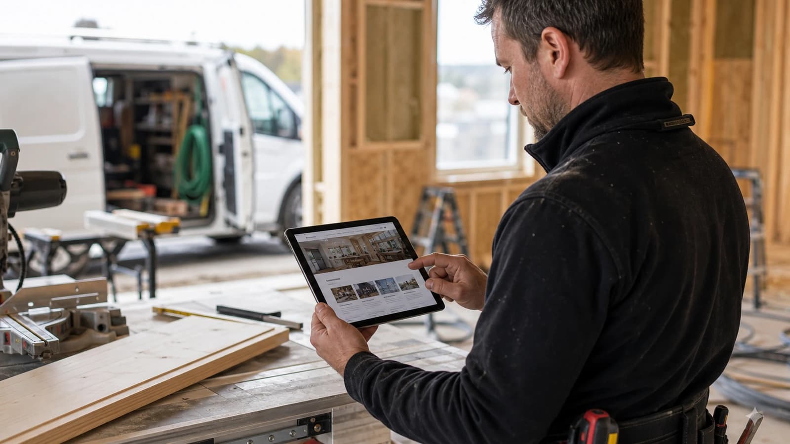 Builder reviewing a website for trades business with project photos on mobile