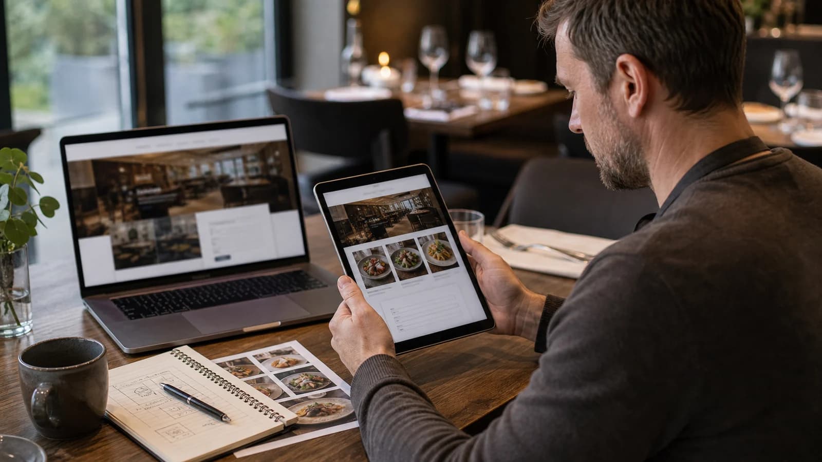 Restaurantsjef vurderer nettside for restaurant på nettbrett med meny, bilder og bordbestilling