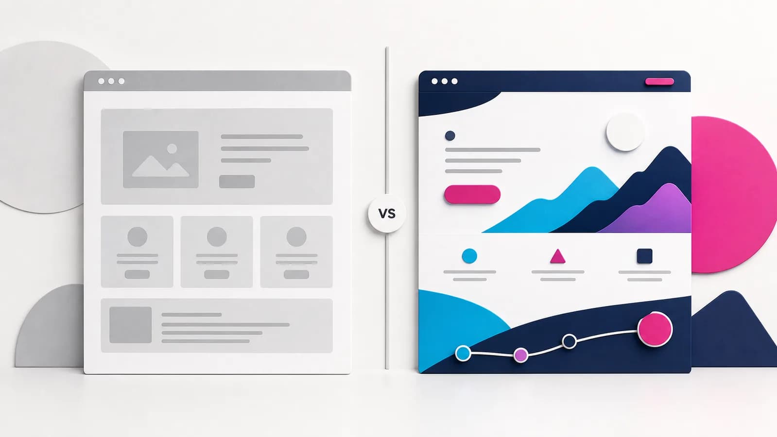 Light illustration comparing a generic website template with a custom-built professional website