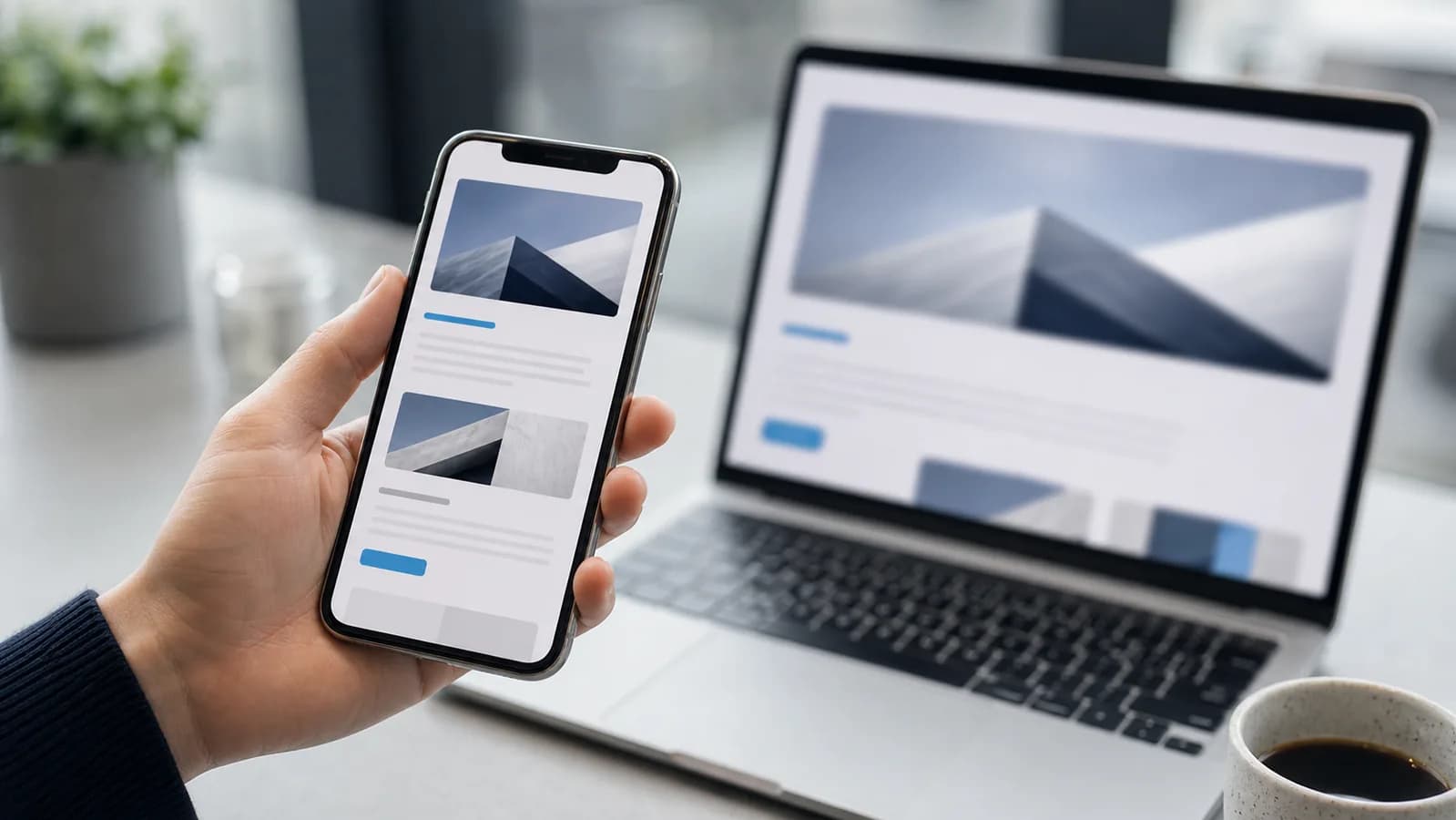 Hand holding a smartphone with a mobile-friendly website and a laptop in the background