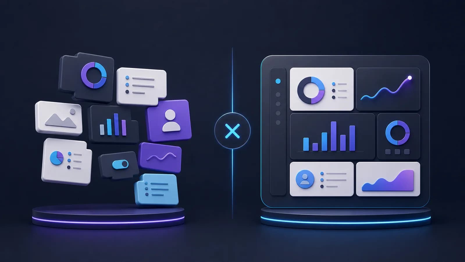 3D diagram comparing generic software boxes with a modular, bespoke dashboard