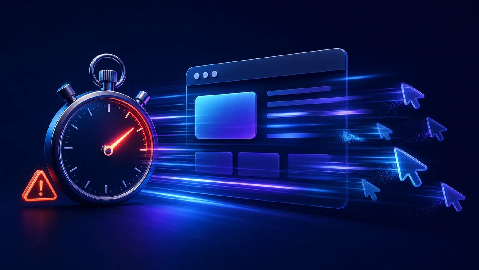 Dynamic illustration of a website loading fast next to a stopwatch