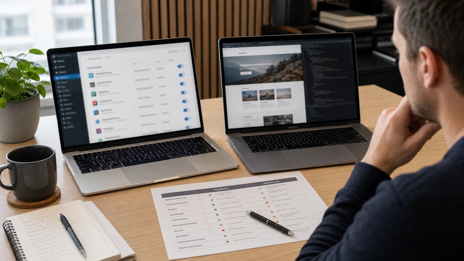 Two laptops comparing WordPress administration with a coded website and decision matrix