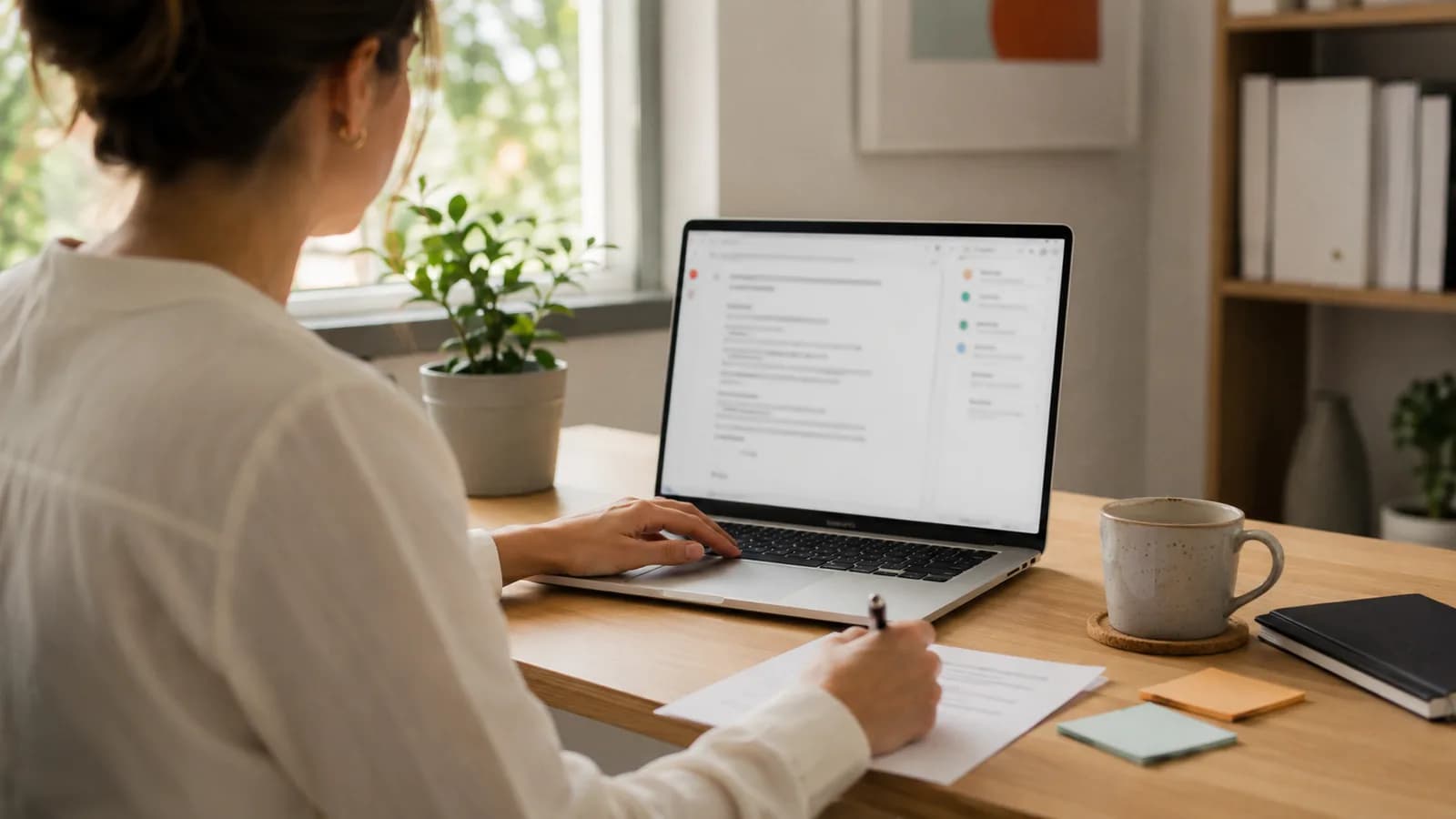 Ansatt leser gjennom et AI-foreslått utkast på laptop med penn og utskrift ved siden av, klar til å rette før hun sender