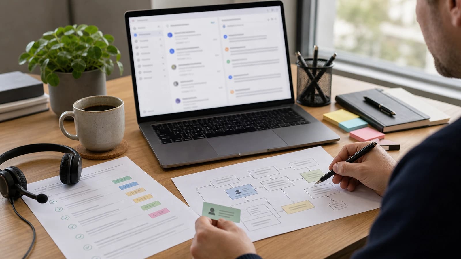 Daglig leder som vurderer AI kundeservice på laptop i et norsk kontor