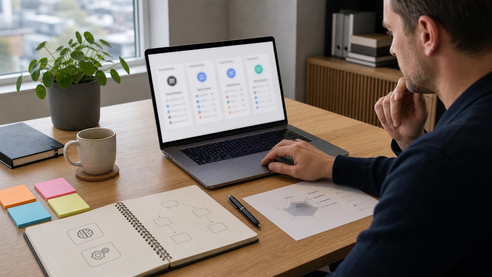 Owner of a small Norwegian business reviewing AI tools on a laptop with notes and workflow