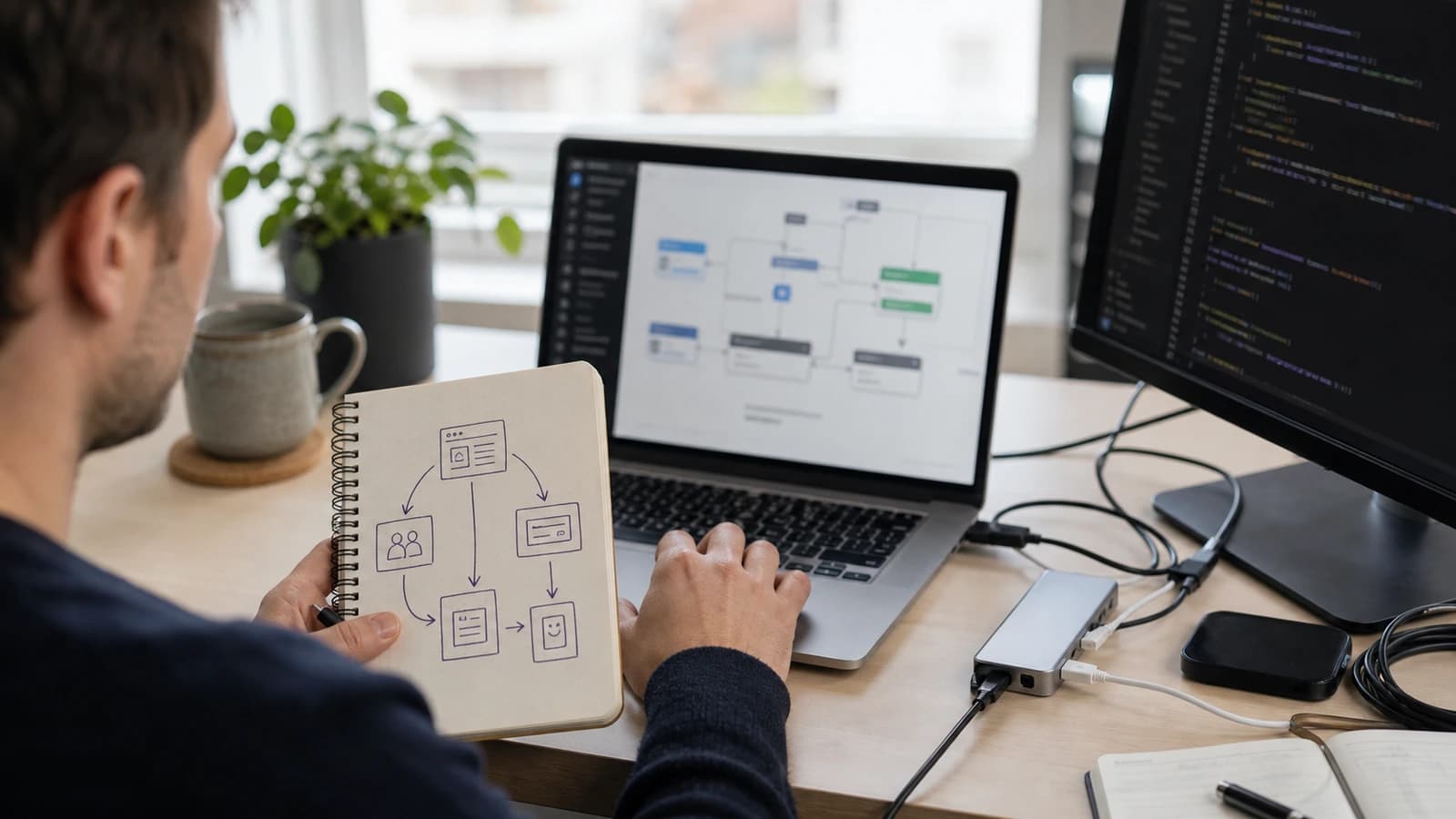 Developer planning API integration between website, CRM, payment and accounting on a laptop