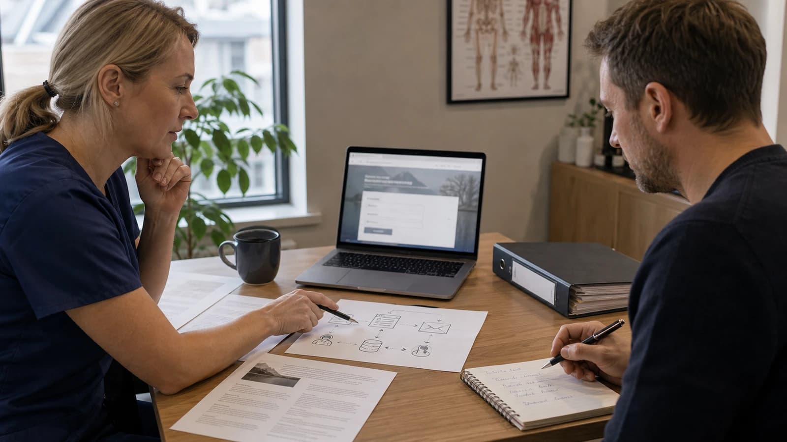 Clinic owner and developer reviewing GDPR, contact form and privacy flow on website