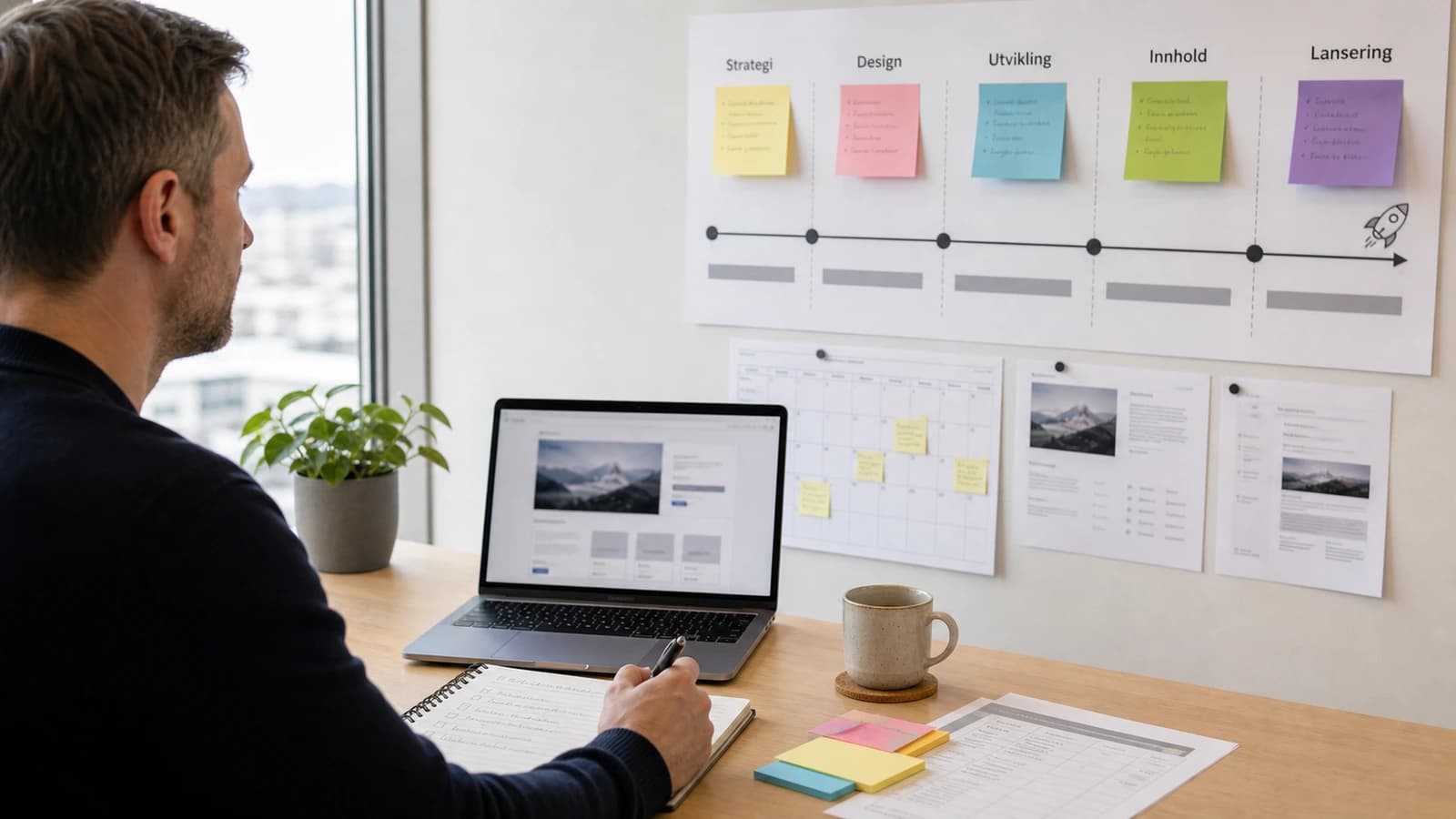 Prosjektplan for nettside med kalender, innhold, design, utvikling og lansering på kontorvegg